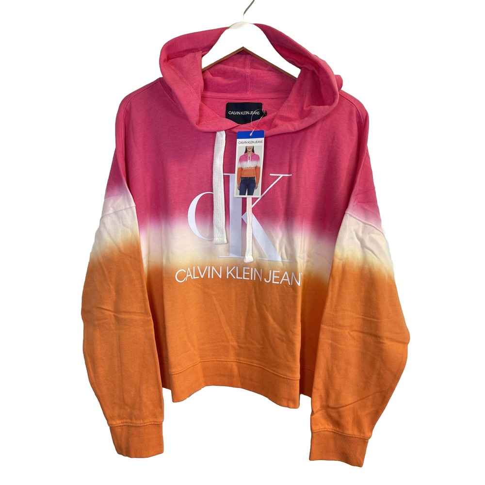 Calvin Klein Jeans Women's XXL Pink Tie Dye Hoodie CK Logo Crop Top Sweatshirt